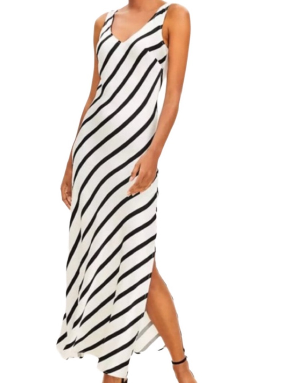 LOFT NWT Black Ivory Striped Maxi Dress Bias Cut Slit Size 6
